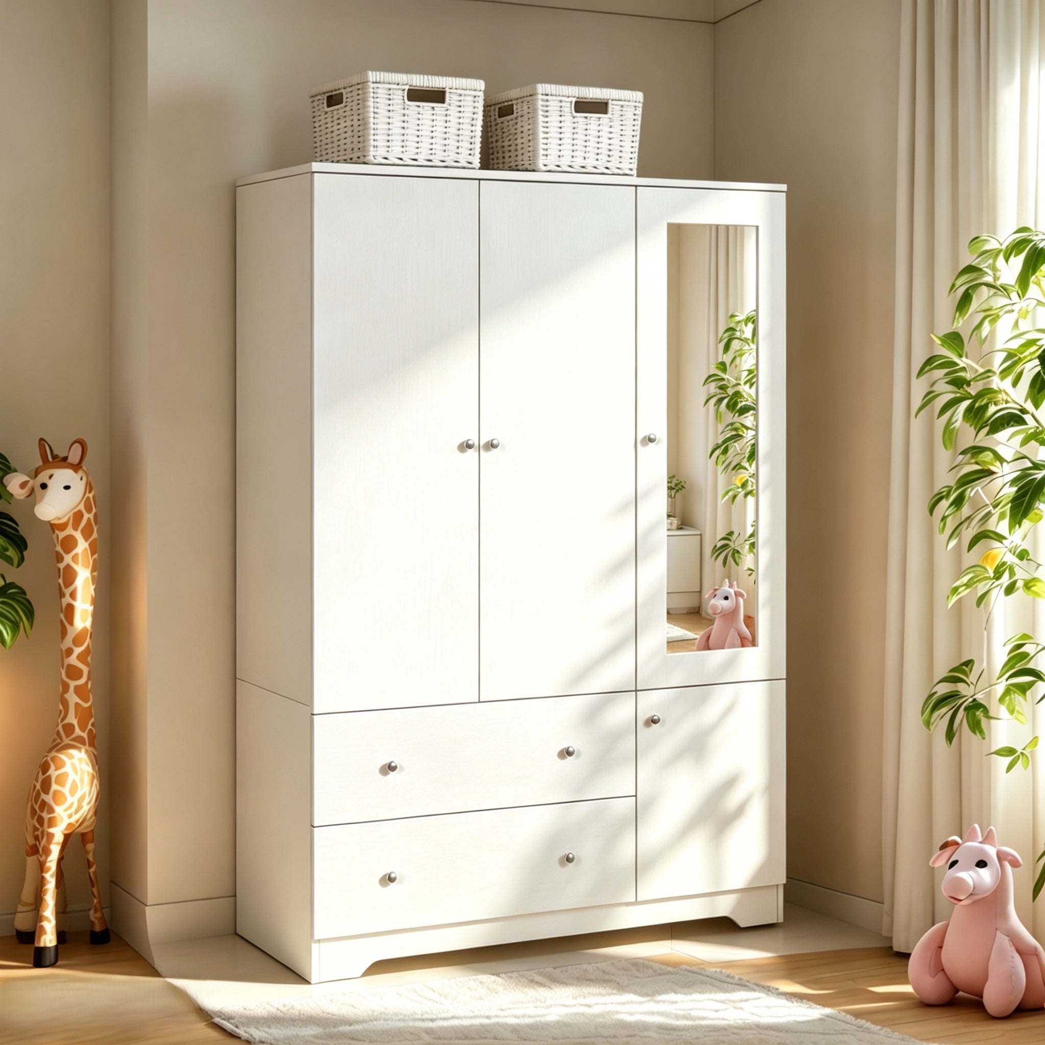 Ktaxon 3 Door Wardrobe Armoire Closet with Mirror Hanging Rod