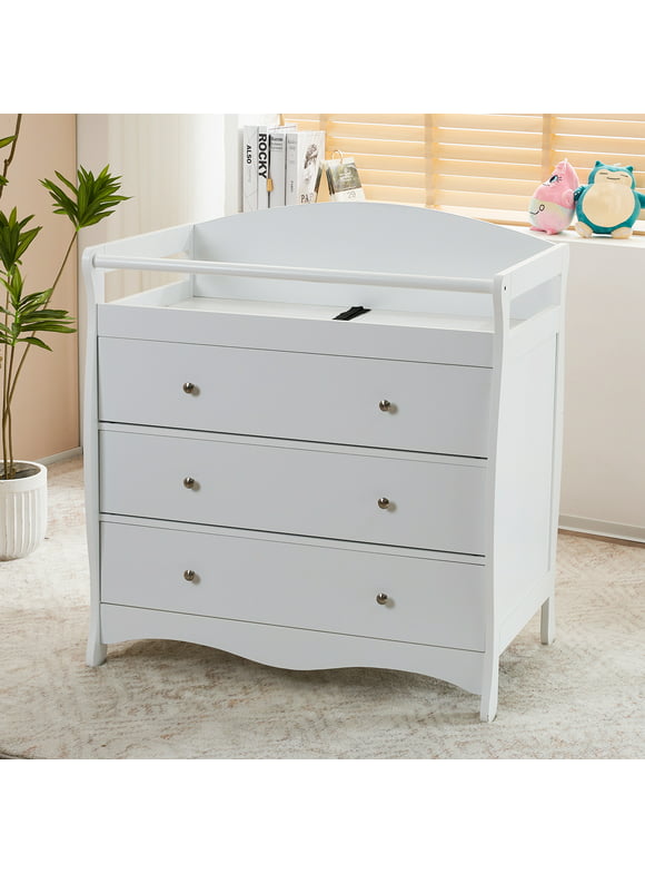 Ktaxon 3-Drawer Changing Table, Wood Infant Diaper Changing Station with Drawers, Baby Dresser for Nursery, (White)