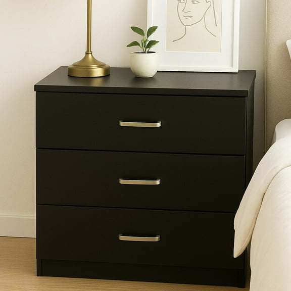 Ktaxon 3-Drawer Dresser Pure Black with Metal Handles Bedside Night Stand Bedroom, Black