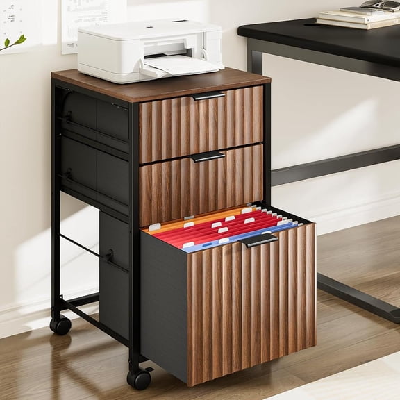 Ktaxon 3 Drawer File Cabinet, Fabric Drawers Printer Stand for Home Office, Fits Letter Size, Fluted Design Brown