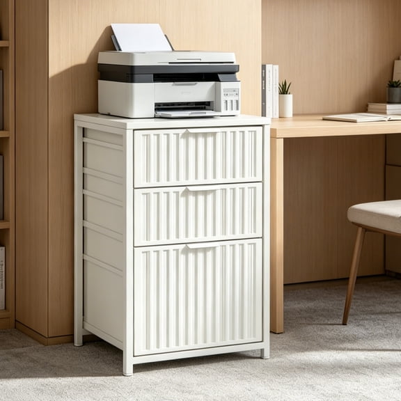 Ktaxon 3 Drawer File Cabinet, Fabric Drawers Printer Stand for Home Office, Fits Letter Size, Fluted Design White