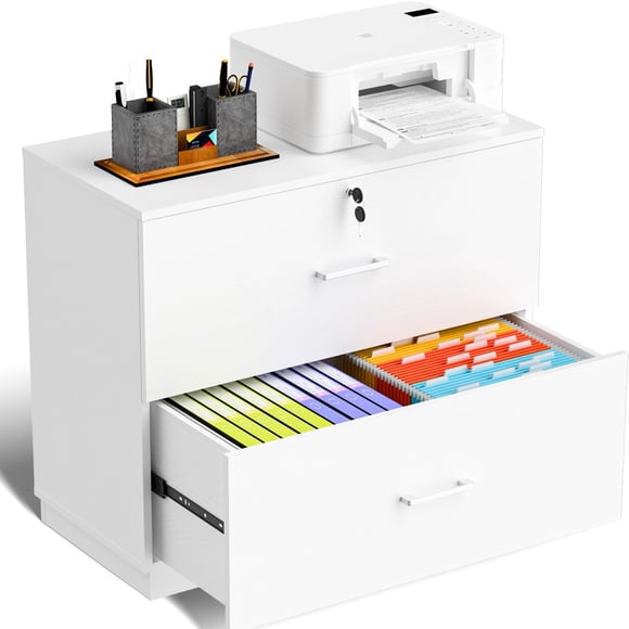 Ktaxon Wood 2 Drawer File Cabinet with Lock, Lateral Lockable Wood Filing Cabinet for Home Office, Printer Stand with Drawers, Fits Letter, Legal & A4 Files, White