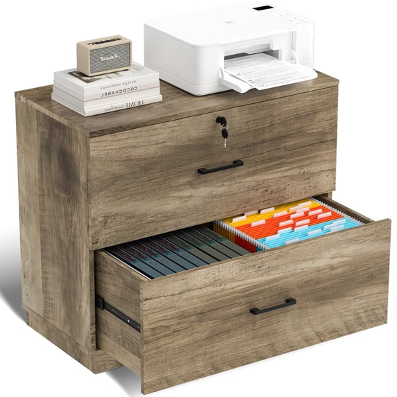 Ktaxon Wood 2 Drawer File Cabinet with Lock, Lateral Lockable Wood Filing Cabinet for Home Office, Printer Stand with Drawers, Fits Letter, Legal & A4 Files, Gray