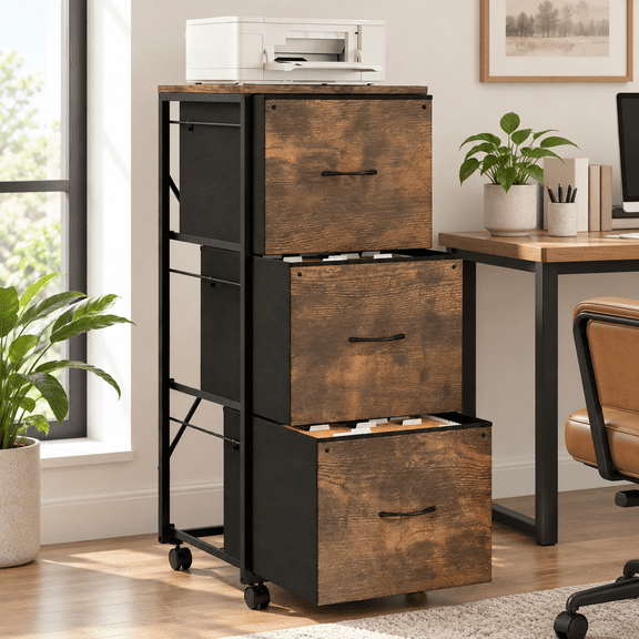 Ktaxon 3 Drawer Height File Cabinet, Rolling File Cabinet Mobile Tall File Cabinet with Wheels, Fabric Drawers Printer Stand for Home Office, Fits Letter Size, Rustic Brown