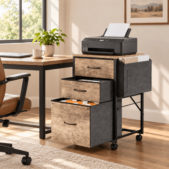 Ktaxon 3 Drawer Rolling File Cabinet with Wheels Side Bag, Fabric Drawers Printer Stand for Home Office, Fits Letter Size, Gray