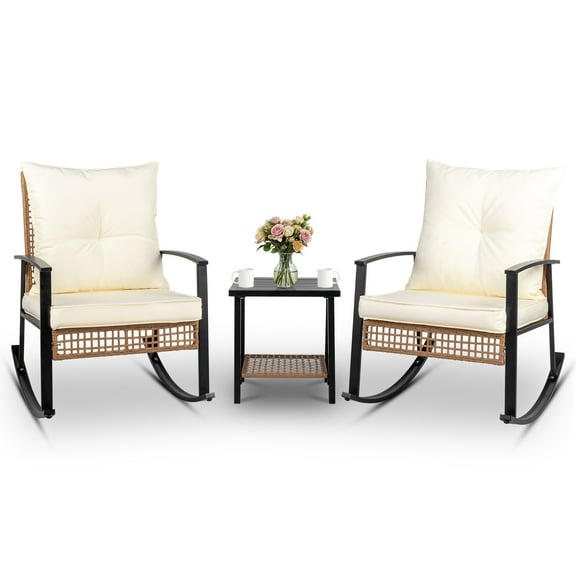 Ktaxon 3-Pc Rocking Patio Set w/ 2 Chairs & Table, Outdoor Rattan Furniture, Beige