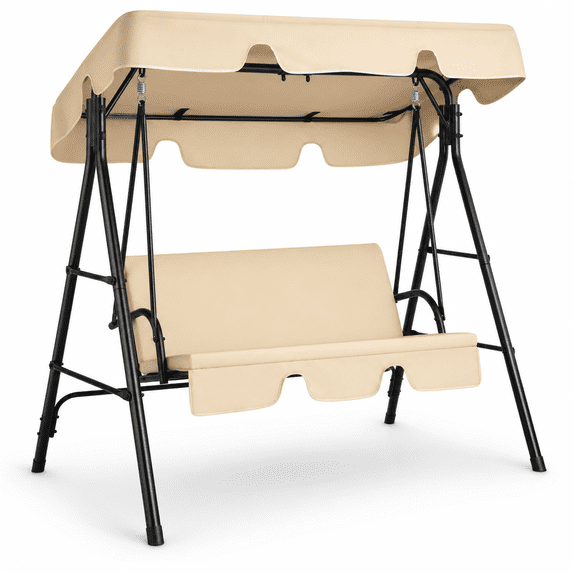 Ktaxon 3-Person Outdoor Patio Swing Chair with Adjustable Canopy, Heavy Duty Steel Frame, Cushioned Porch Swing for Backyard, Garden, Deck, Lawn, 550 lbs Capacity, Khaki
