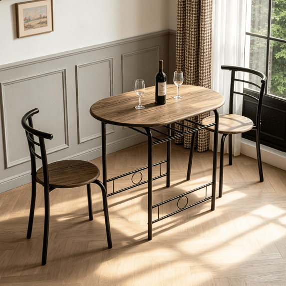 Ktaxon 3 Piece Dining Set, Compact 2 Chairs and Table Set with Oval Tabletop Small Kitchen Dining Set for 2, Perfect for Apartment & Small Spaces, Walnut & Black