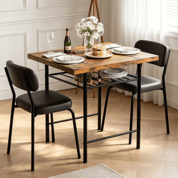 Ktaxon 3 Piece Dining Table Set with 2 Chairs, 31.5" Dining Table and Chairs for 2, Breakfast Table with PU Leather Padded Stackable Chairs, Perfect for Apartment, Small Spaces, Brown