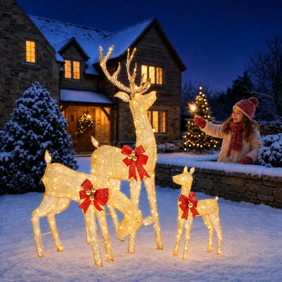 Ktaxon 3-Piece Lighted Christmas Deer Family Set Animated Reindeer Outdoor Yard Decoration 5FT with Motorized Moving Heads