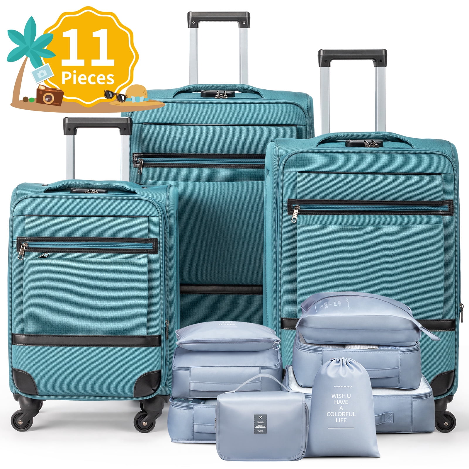 Ktaxon 3-Piece Softside Luggage Set With 8 Set Pcaking Cube TSA