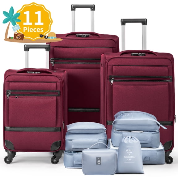 Ktaxon 3-Piece Luggage Set With 8 Set Pcaking Cubes Oragnizer Bag Softside Suitcases Set With 360° Spinner Wheels Lightweight Travel Suitcase Set, Red
