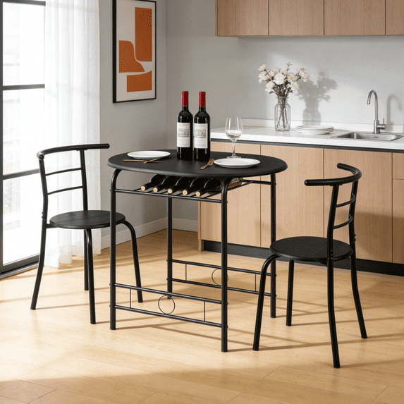 Ktaxon 3-Piece Modern Kitchen Dining Table Set for 2, Dining Room Round Table and Chair Set with Wine Rack, Black