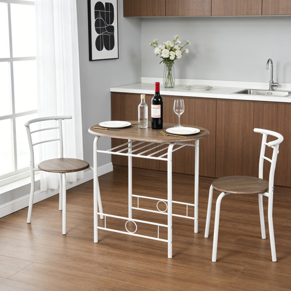 Ktaxon 3-Piece Modern Kitchen Dining Table Set for 2, Dining Room Round Table and Chair Set with Wine Rack, Rustic Brown & White