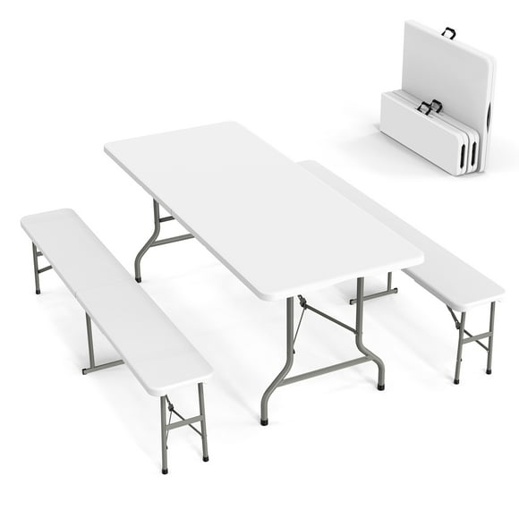 Ktaxon 3-Piece Outdoor Picnic Tableset, 6Ft HDPE Folding Table with 2 Folding Benches, High Quality Weather Resistant Patio Set for Indoor Outdoor Camping Parties Commercial Events