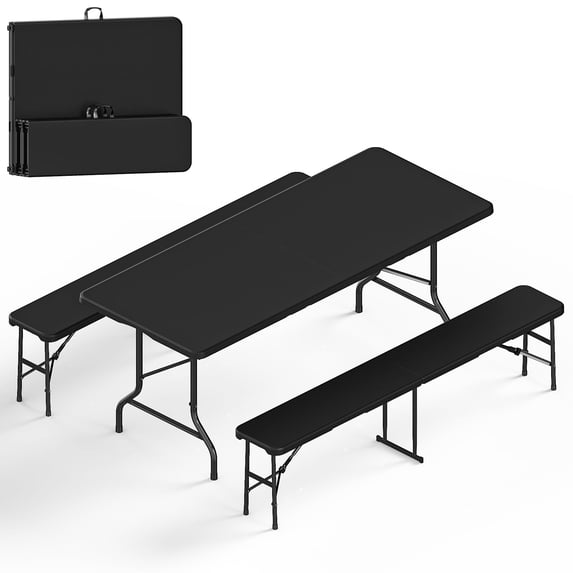 Ktaxon 3-Piece Outdoor Picnic Tableset, 6Ft HDPE Folding Table with 2 Folding Benches, High Quality Weather Resistant Patio Set for Indoor Outdoor Camping Parties Commercial Events, Black