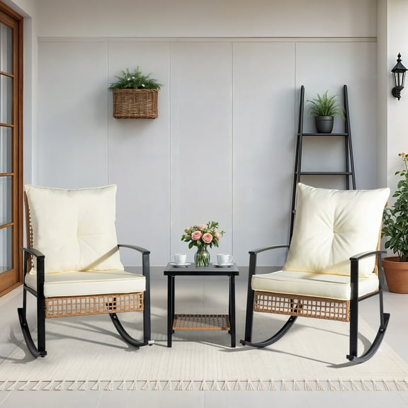 Ktaxon 3-Piece Rocking Patio Set, 2 Rocking Chairs & Table, All-Weather Rattan Furniture, Beige