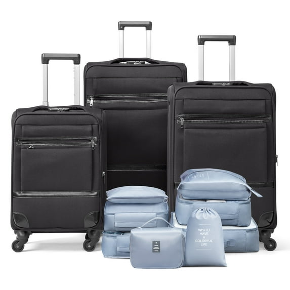 Ktaxon 3-Piece Softside Luggage Set With 8 Set Pcaking Cube TSA Lock, 360° Spinner Wheels Black