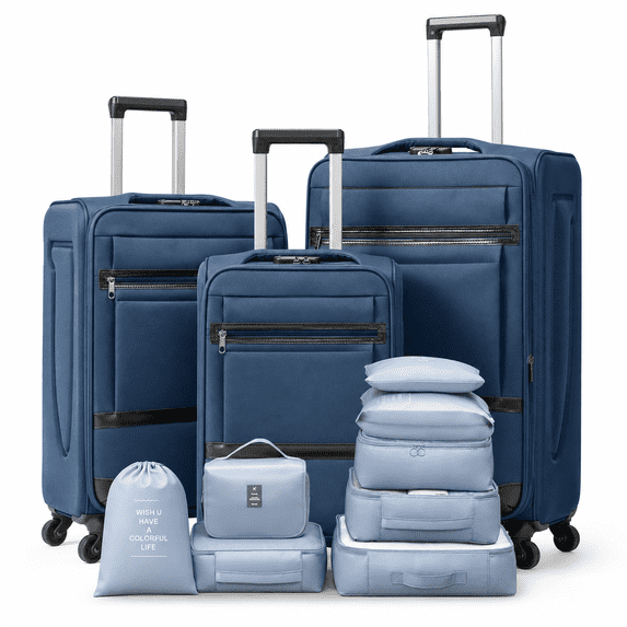 Ktaxon 3-Piece Softside Luggage Set With 8 Set Pcaking Cube TSA Lock, 360° Spinner Wheels Blue