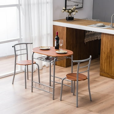 Ktaxon 3-Piece Wooden Kitchen Dining Table Set Room Round Table and Chair Set Brown and Sliver