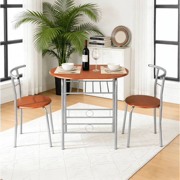 Ktaxon 3 Piece Dining Set, Compact 2 Chairs and Table Set with Oval Tabletop Small Kitchen Dining Set for 2, Perfect for Apartment & Small Spaces, Cherry Brown & Sliver