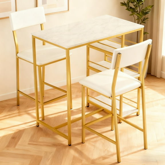 Ktaxon 3 Pieces Dining Table Set for 2, Counter Height Bar Table Set with Storage Shelves, Pub Table and Padded Chairs for Dining Room, Kitchen, Elegant Gold