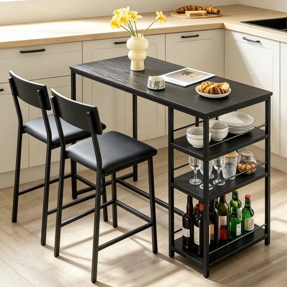 Ktaxon 3 Pieces Dining Table Set for 2, Counter Height Bar Table Set with Storage Shelves, Pub Table and Padded Chairs for Dining Room, Kitchen, Modern Black
