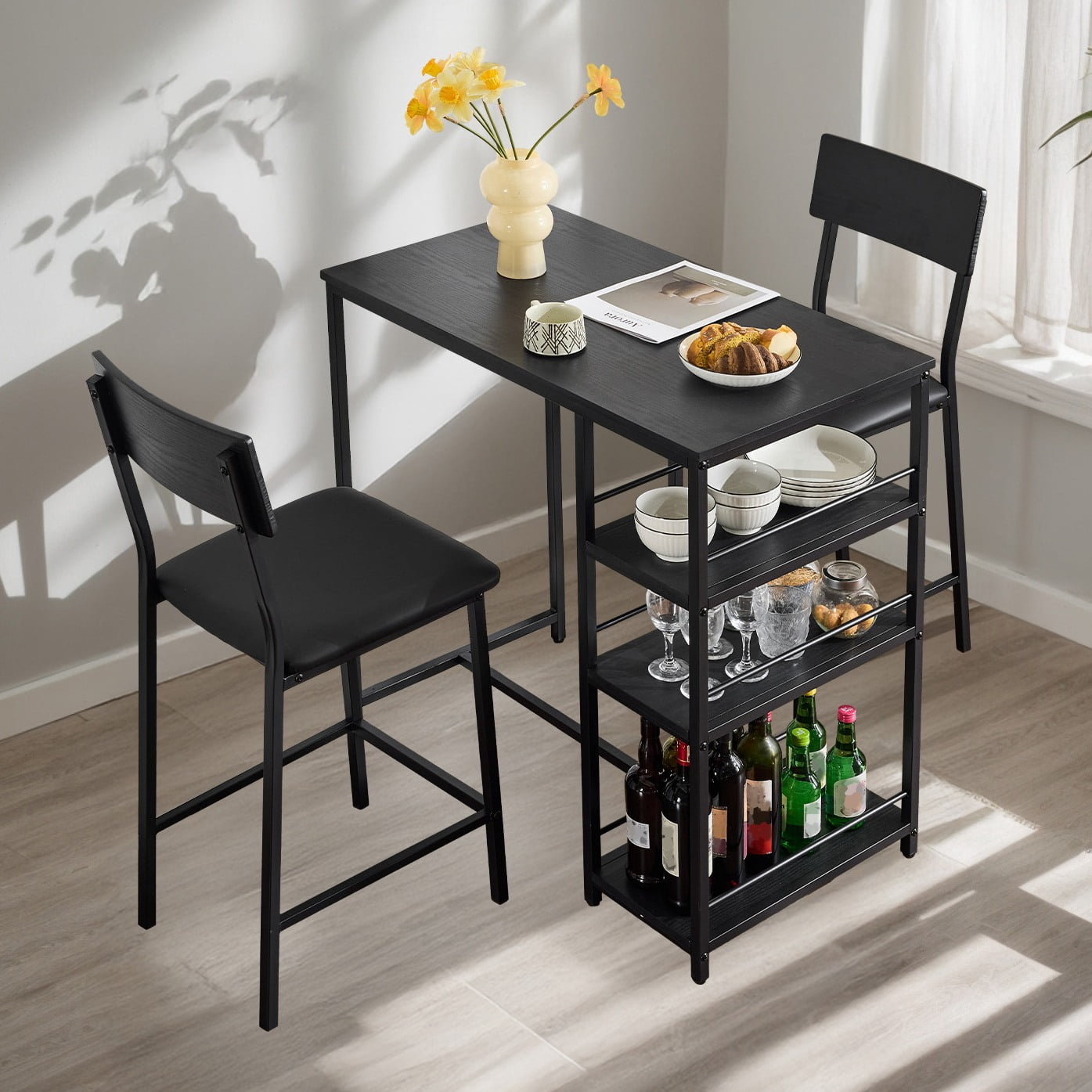 Ktaxon 3 Pieces Dining Table Set for 2, Counter Height Bar Table Set with Storage Shelves, Pub Table and Padded Chairs for Dining Room, Kitchen, Modern Black
