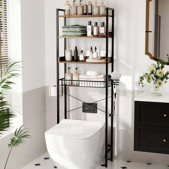 Ktaxon 3-Shelf Over The Toilet Bathroom Storage Rack and Shelf with with Wire Baskets, Tissue Hook and Hairdryer Holder, Rotten - wood