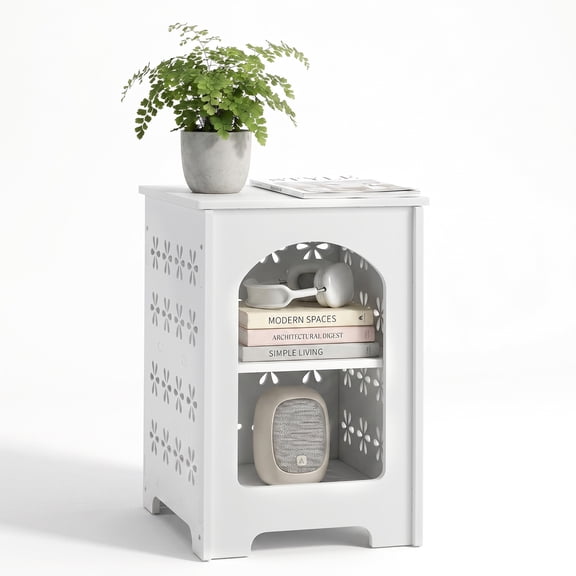 Ktaxon 3-Tier 13.8in Side Table with Storage, Arch Design Floral Nightstand, PVC End Table for Bedroom Living Room, Square White