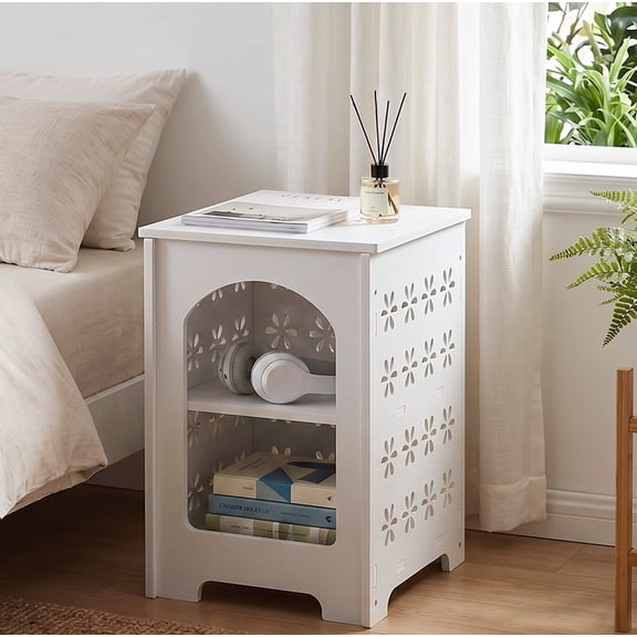 Ktaxon 3-Tier 13.8in Side Table with Storage, Arch Design Floral Nightstand, PVC End Table for Bedroom Living Room, Square White