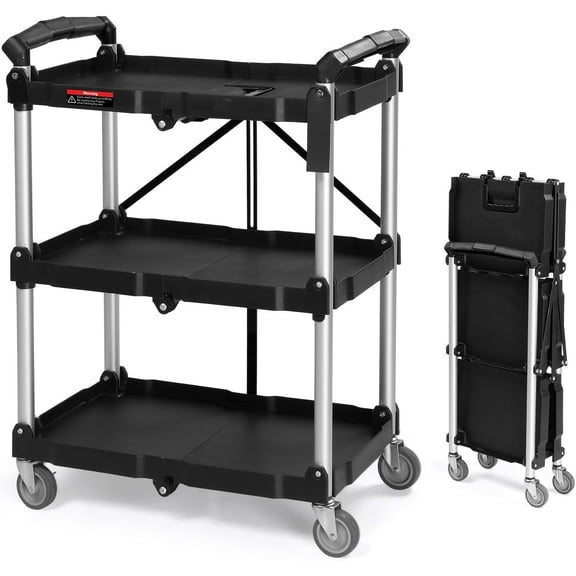 Ktaxon 3-Tier Folding Utility Cart, Foldable Rolling Cart with Wheels, 165LBS Weight Capacity & No Assembly Required, Collapsible Service Cart for Home, Office, School, Garage, and Warehouse