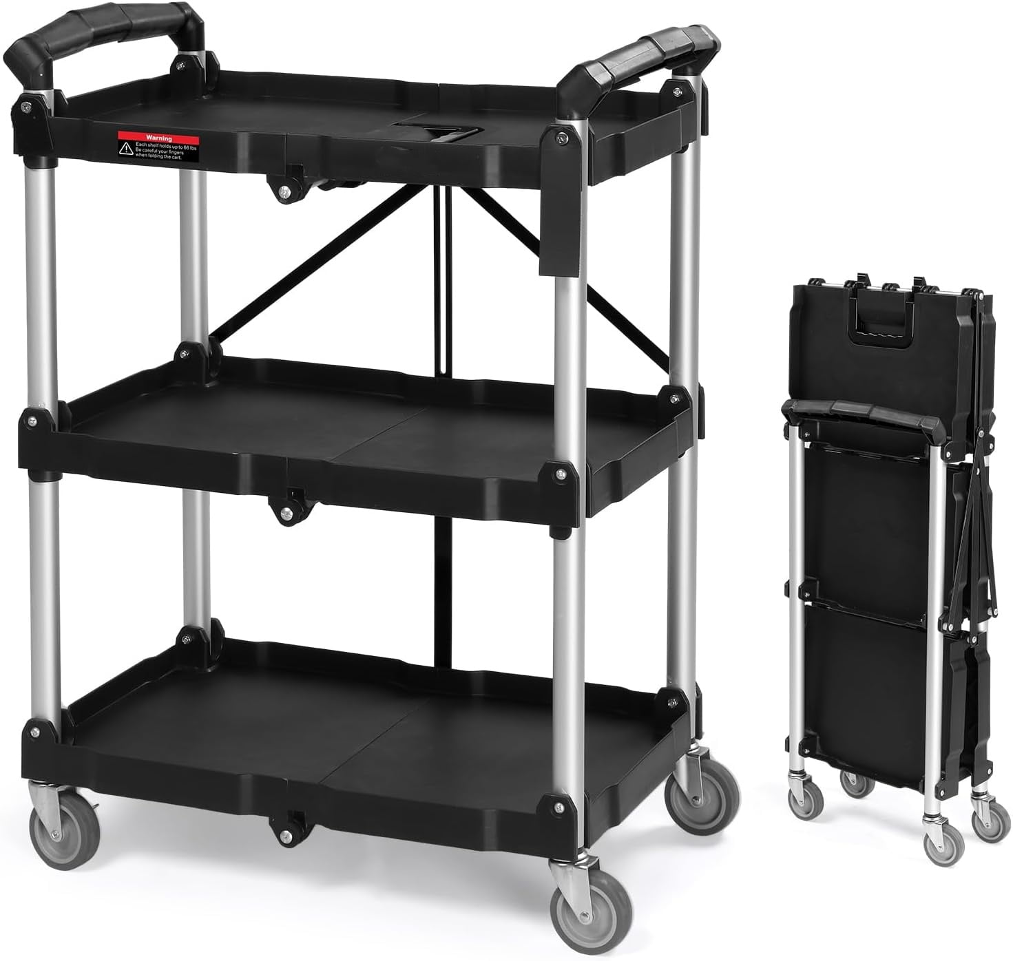 Black 3-Tier Foldable Heavy Duty Utility Cart with Lockable Wheels