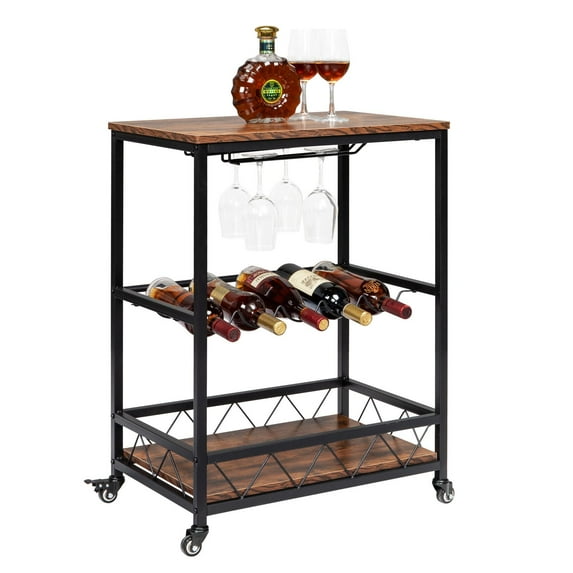 Ktaxon 3 Tier Kitchen Trolley Bar Carts for Home Bar Serving Cart w/ Wine Rack & Glass Holder, Wheels, Vintage Brown