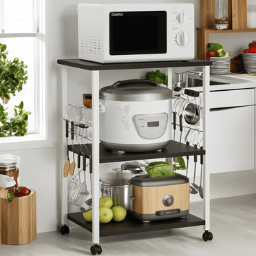 Ktaxon 3-Tier Multifunctional Kitchen Cart Microwave Oven Stand Bakers Rack Kitchen Island Utility Cart with 10 Hooks for Living Room, Home, Office, Black/White