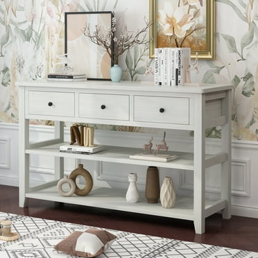 Ktaxon 3-Tier Wood Console Table with 3 Drawers and Shelves, Narrow Long Sofa Entryway Table for Living Room, Hallway, Foyer, Office, White