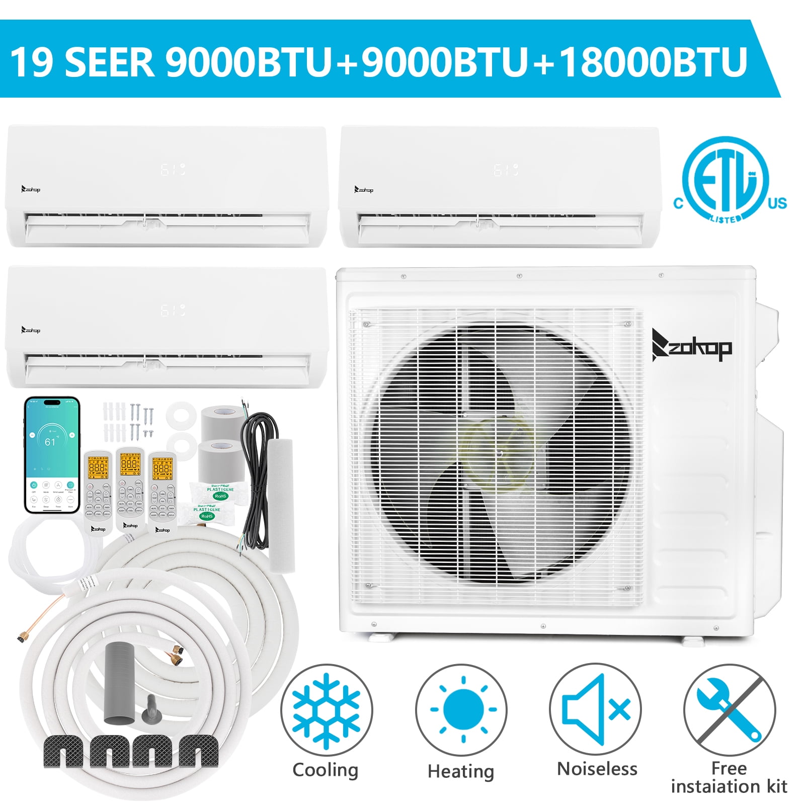 Ktaxon 3 Zone 9000 + 9000 + 18000 BTU WIFI Mini Split AC/Heating System, 19 SEER Tri Zone 27000 BTU Ductless Split Air Conditioner with Pre-Charged Condenser, Heat Pump & 25Ft Line Set, 208-230V