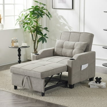 Ktaxon 3-in-1 Single Sofa Bed Convertible Sleeper Chair Linen Fabric Futon Sofa with Lumbar Pillow for Living Room Bedroom Office Apartment Furniture Light Gray