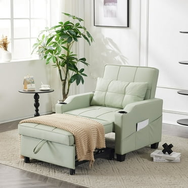 Ktaxon 3-in-1 Single Sofa Bed Convertible Sleeper Chair Tech Fabric Futon Sofa with Lumbar Pillow for Living Room Bedroom Office Apartment Furniture Light Green