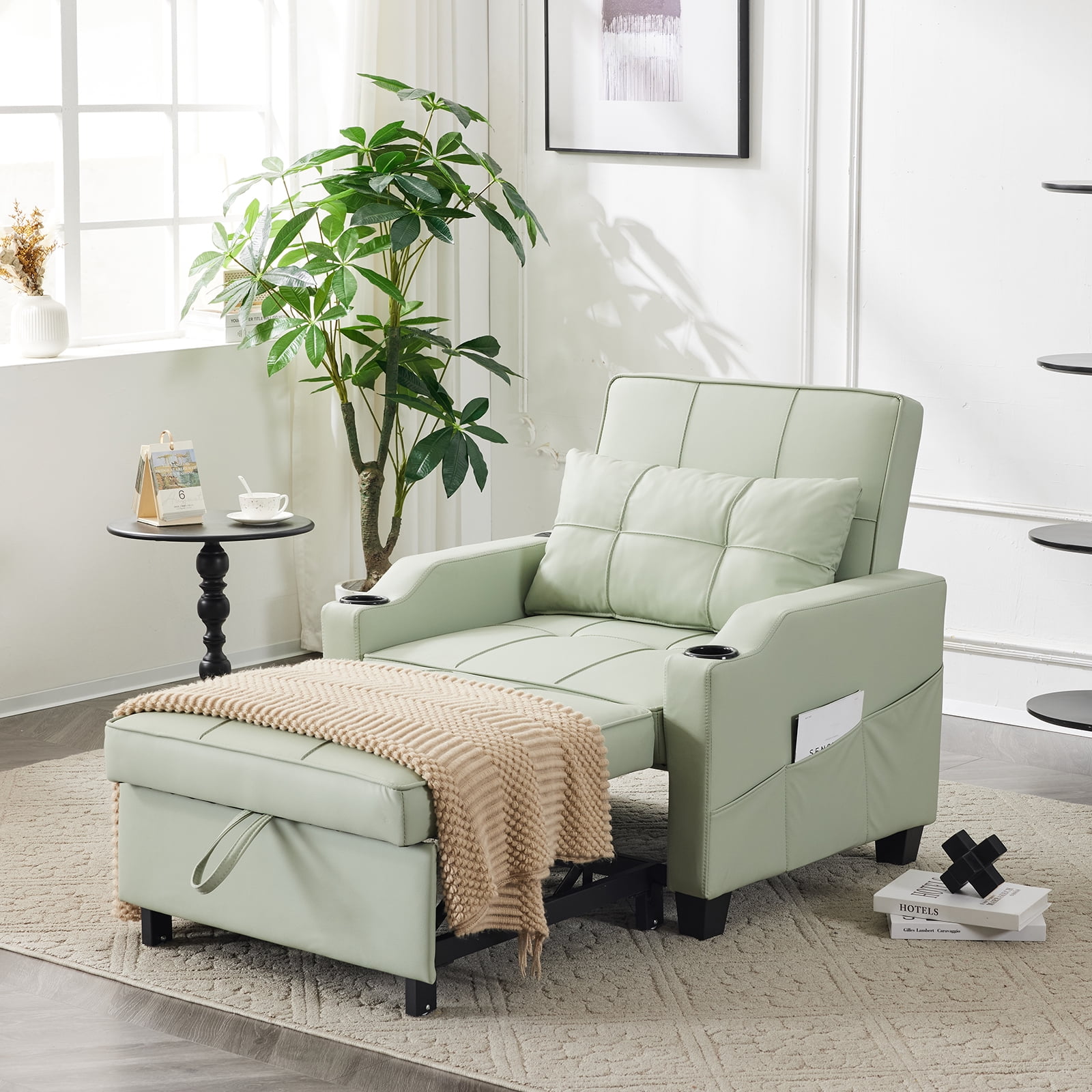 Corduroy Chaise Lounge Chair – Modern Single Sofa Bed Recliner For Living Room, Bedroom, Office, Light Green, 300 Lb Capacity