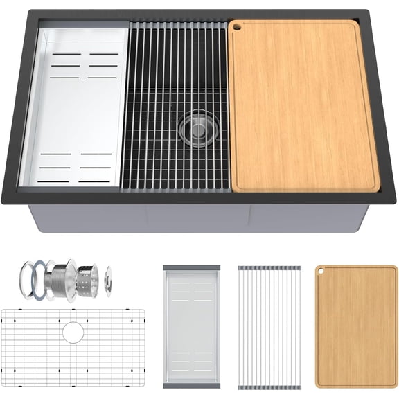 Ktaxon 30 Inch Undermount Workstation Kitchen Sink, Stainless Steel Deep Single Bowl Utility Sink with Integrated Ledge and Accessories, Black