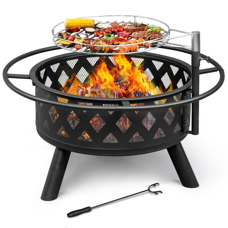 Ktaxon 30 inch Wood Fire Pit Burning Firepit Large Steel with Removable Cooking Swivel BBQ Grill for Backyard Patio