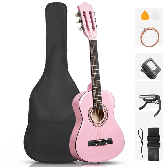 Ktaxon 30in Beginner Round Acoustic Guitar Starter Kit with Bag, Tuner, Extra Strings, Light Pink