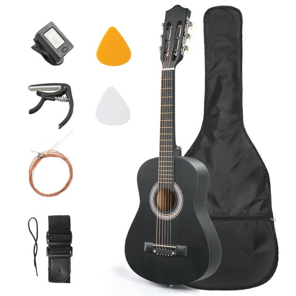 Ktaxon 30in Beginner Round Acoustic Guitar Starter Kit with Bag, Tuner, Extra Strings, Matte Black