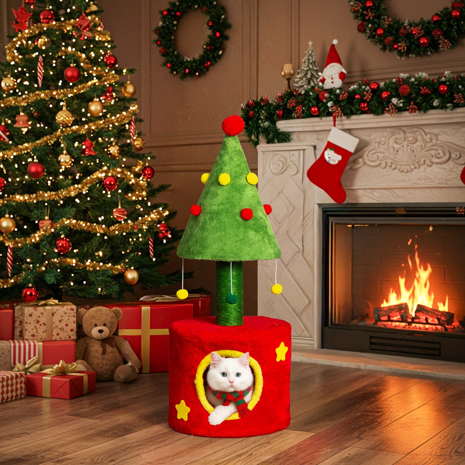 Ktaxon 30'' Christmas Cat Scratching Post with House, Sisal Tower & Hanging Balls for Indoor Kittens, Red & Green