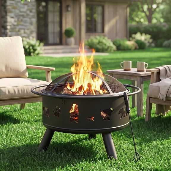 Ktaxon 30in Round Wood Burning Fire Pit, Cover & Handle for Patio Black, Bear Pattern