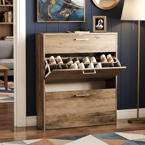 Ktaxon 31.5'' W, Modern Shoe Storage Cabinet with 2 Flip Drawers for Entryway 24 Pairs,Washed Gray