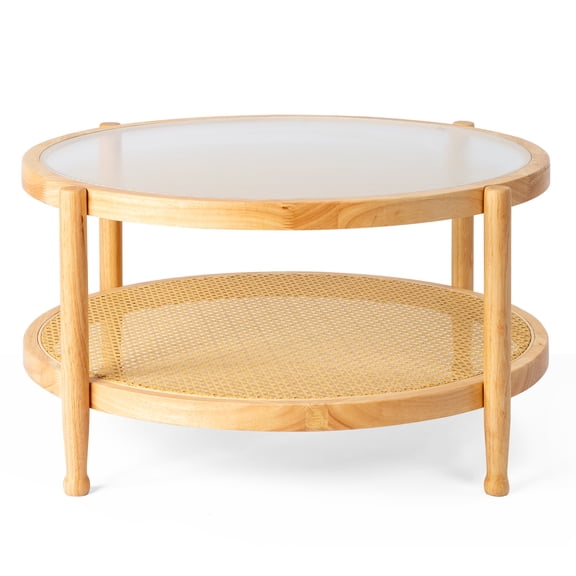 Ktaxon 31.5 in  Side Table, Round Coffee Table with Glass, Double-Layer, Wood End Table,  Rubber Wood, PE Rattan