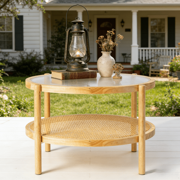 Ktaxon 31.5in Wood Side Table, Patio Wicker End Table with Double-Layer, Round Rubber Wood Small Table with Glass Top (Teak, Large)