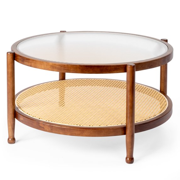 Ktaxon 31.5in Wood Side Table, Patio Wicker End Table with Double-Layer, Round Rubber Wood Small Table with Glass Top (Walnut, Large)